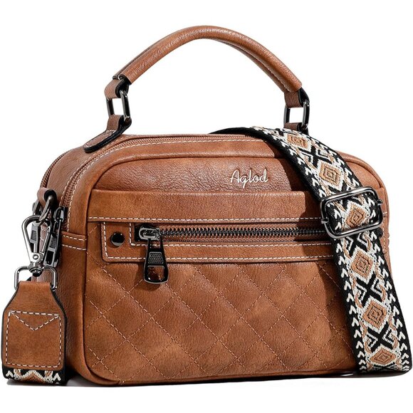 Women Vegan Leather Crossbody Bag Small Shoulder Purse with Wide Strap Two-tone - Picture 1 of 7